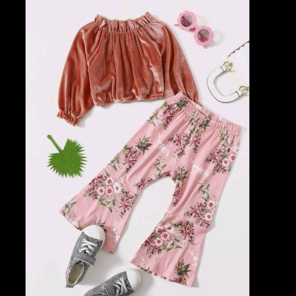 NWT Velvet ruffle top & floral pants matching set
